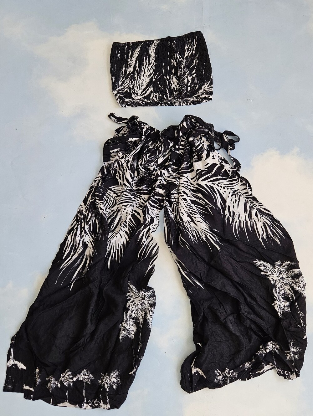 Black & White Palm-Print Wide Leg Set Beach Set, Summer Matchimg Set Coverup